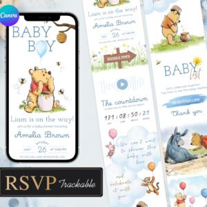 winnie the pooh baby shower website invitation with rsvp, baby shower website digital invitation for boy editable canva template (1)