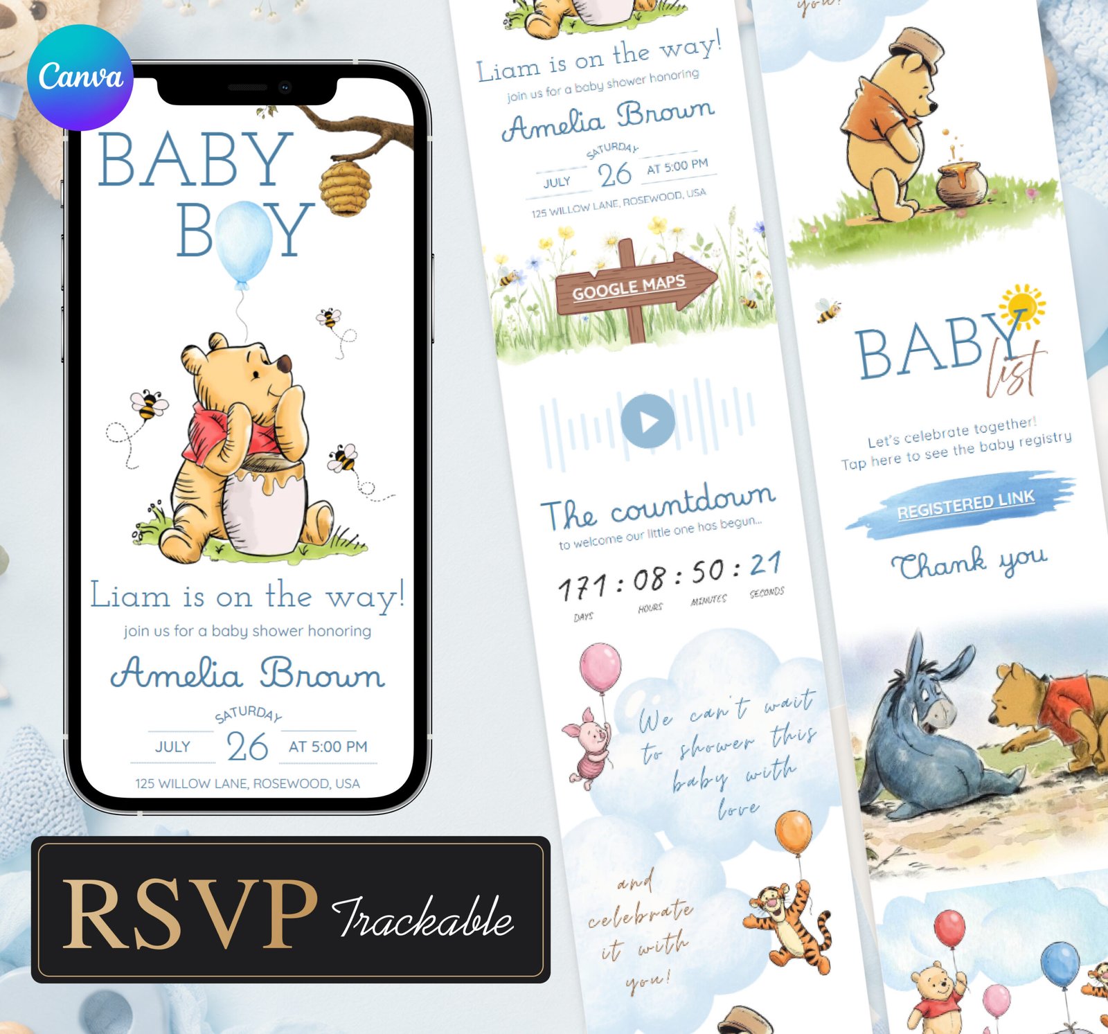 winnie the pooh baby shower website invitation with rsvp, baby shower website digital invitation for boy editable canva template (1)